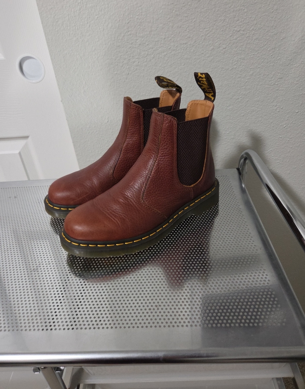 Dr. Martens Brown Leather Chelsea Ankle Boots with Yellow Stitching